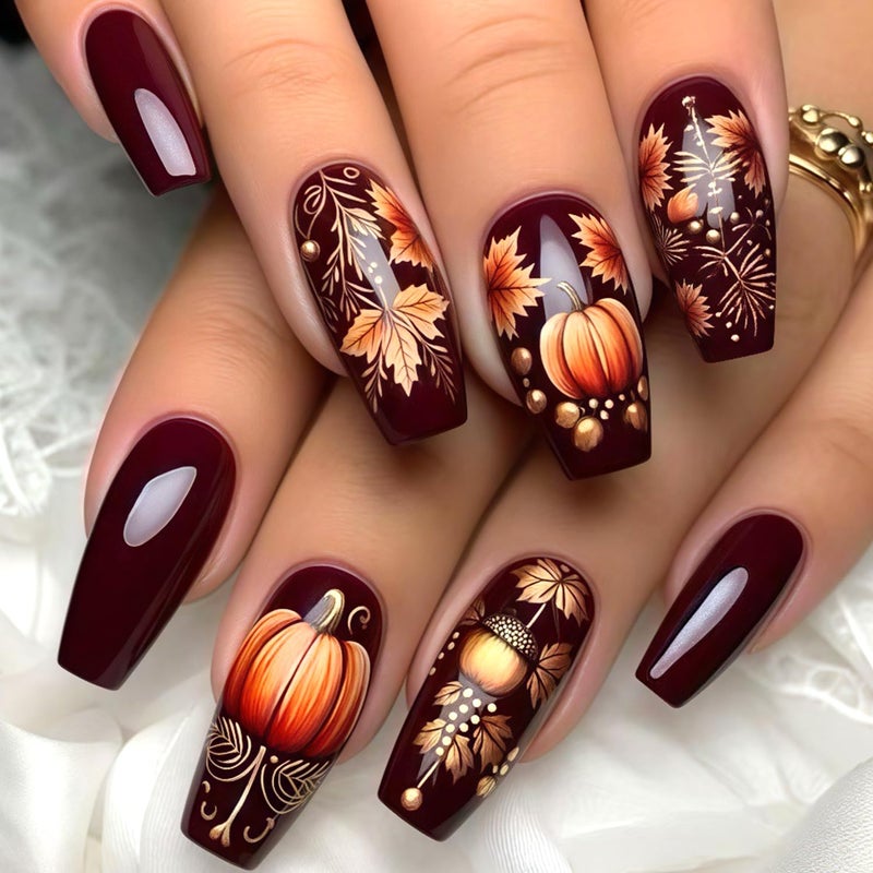 CJDLTS 24Pcs Maple Leaf Press on Nails Medium Ballet Shaped Thanksgiving Day Acrylic Nails Pumpkin Stick on Nails Full Cover Glossy Brown Fall Artificial Fingernails Festival Glue on Nails for Women - Image 1
